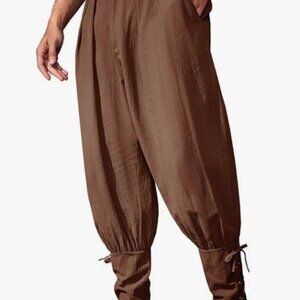 Runcati Mens Medieval Ankle Pants Renaissance Viking Pirate Pants Lace Up Cotton